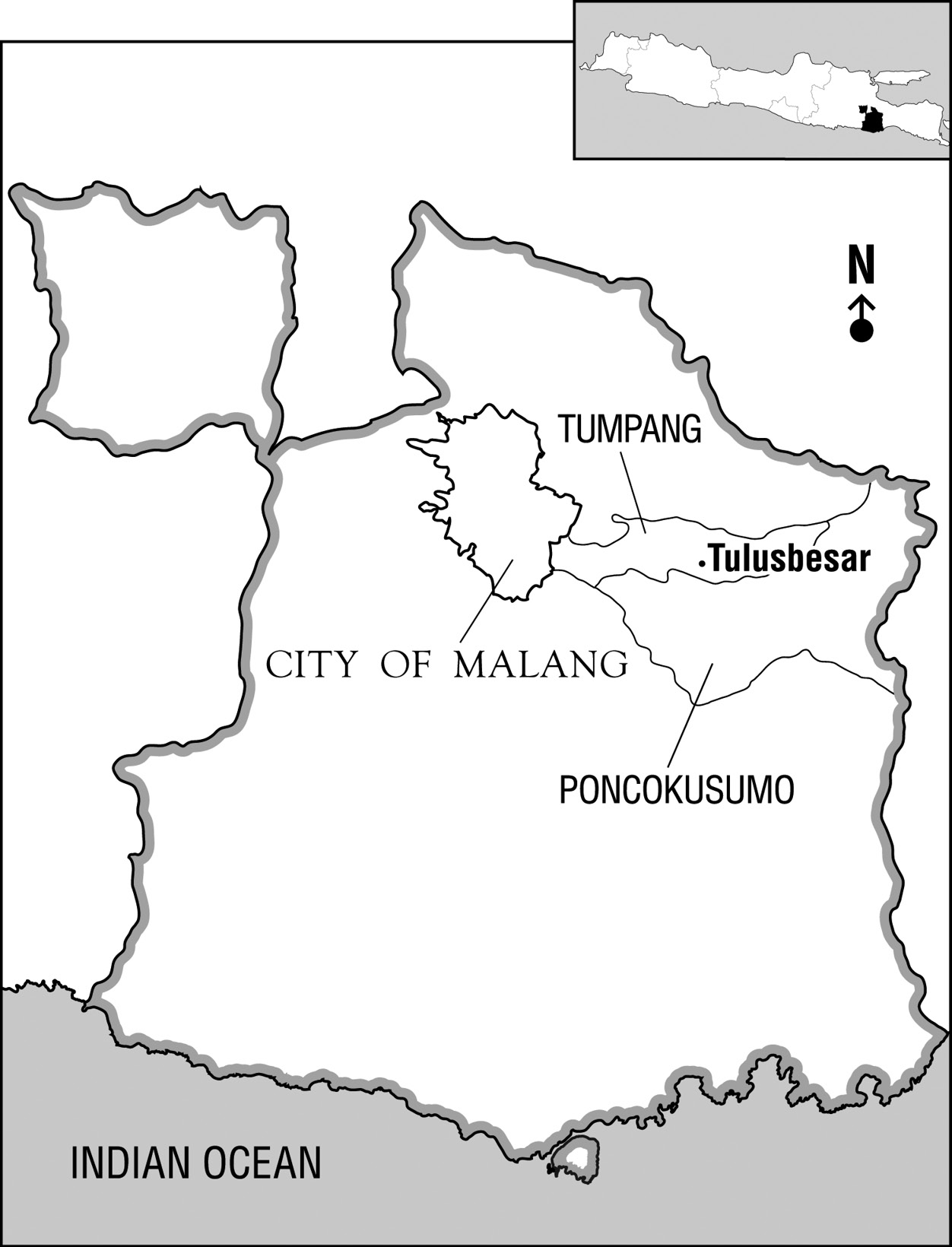 Map showing the village of Tulusbesar, the subdistricts of Tumpang and Poncokusuma, and the city of Malang within the regency of Malang. Map drawn by David Wolbrecht, © 2013 University of Washington.
