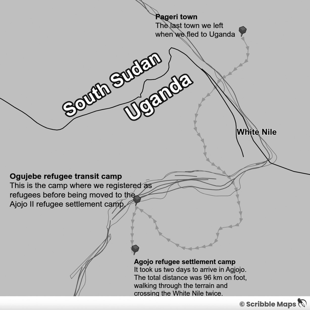 Google map showing the routes we travelled on foot from Pageri to Agojo refugee settlement camp in Uganda