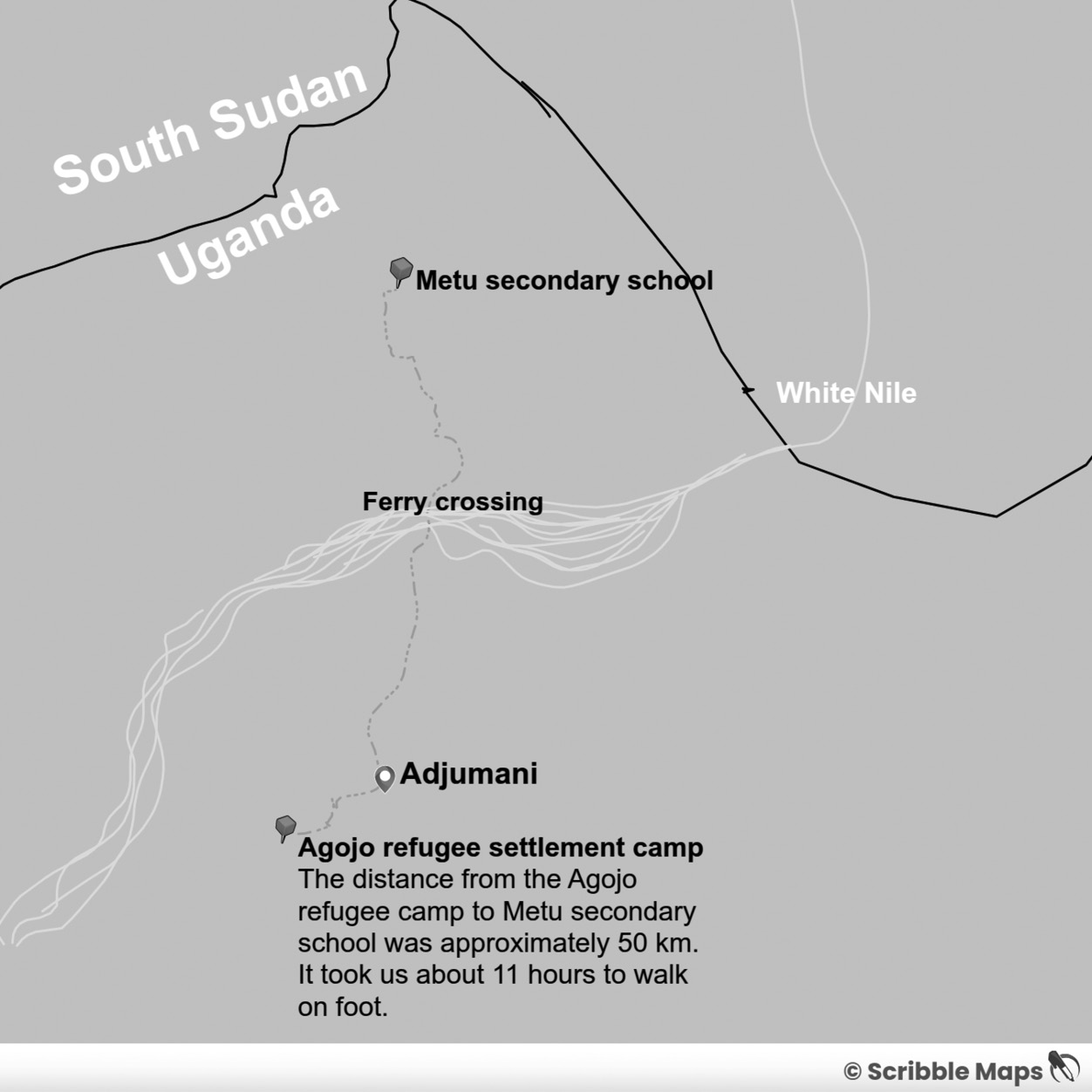 A google map showing the path I walked from the refugee camp to my boarding high school