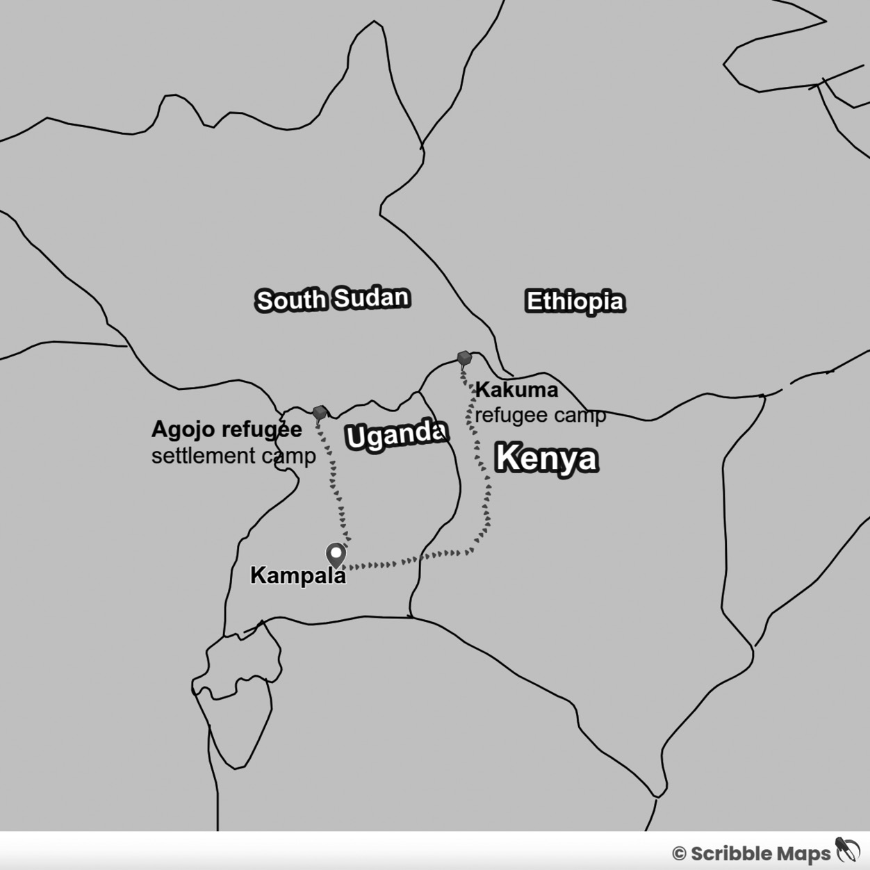 Google map showing the routes I travelled from Agojo refugee camp to Kampala and to Kakuma refugee settlement camp in Kenya