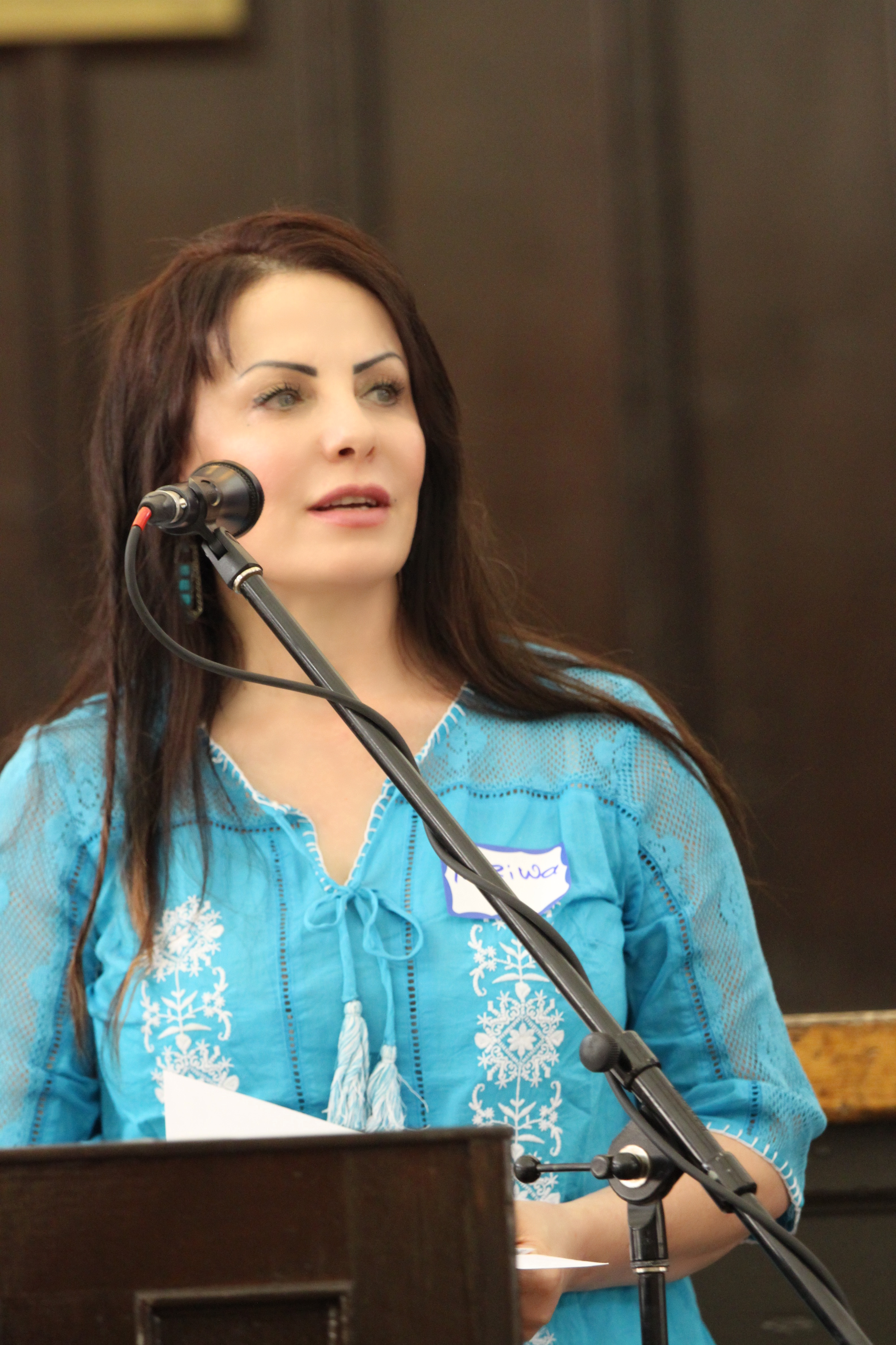 Dr Kaziwa Salih standing behind a microphone.