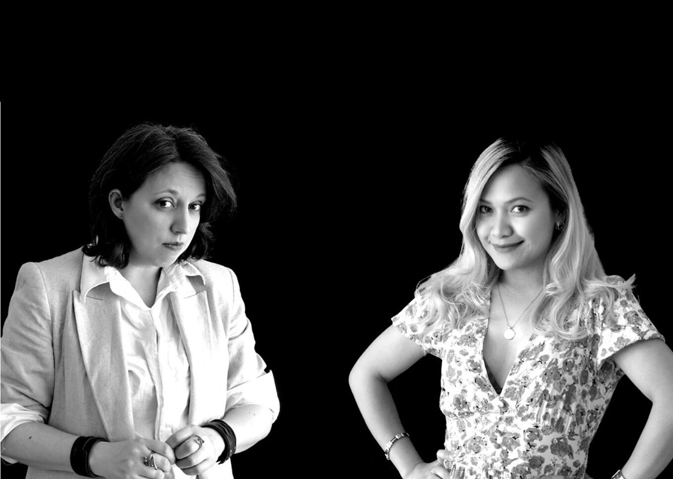 A black and white two-shot of authors Nicola Abraham (left) and Victoria Ruddock (right).