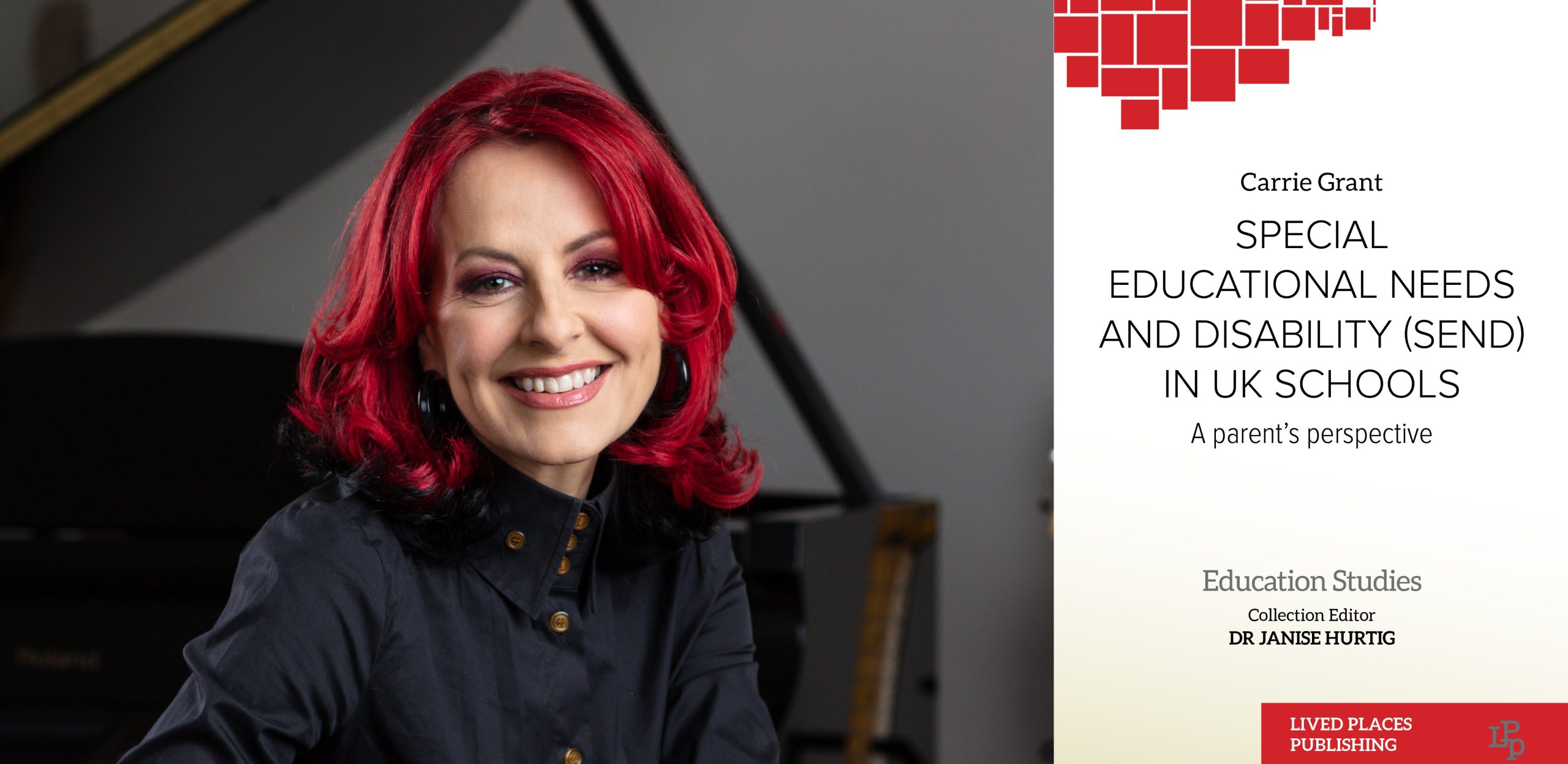 An author headshot next to a close up of the book’s front cover. Carrie Grant, a woman with bright red hair, is smiling at the camera.