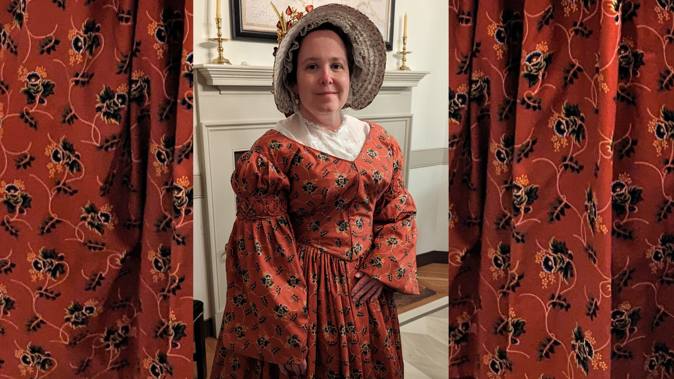 Lisa Neel in a hand-sewn red dress and bonnet in a style fashionable in 1838, to highlight how her family’s history was affected by violence against Native American women.