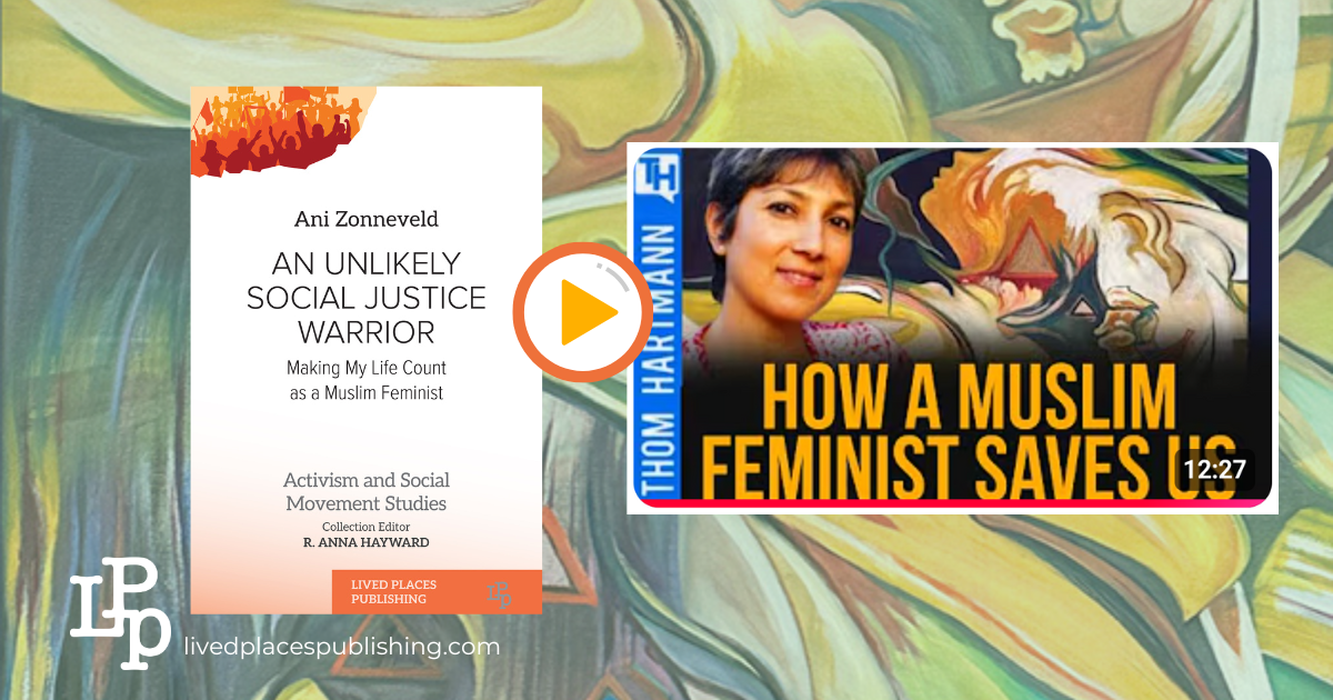 Depiction of a book cover and a YouTube video as a teaser for Ani Zonneveld's Interview on the Thom Hartmann Program