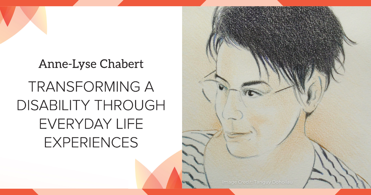 A charcoal sketch of a woman with short cropped black hair and wire rim glasses wearing a white blouse with black vertical stripes.