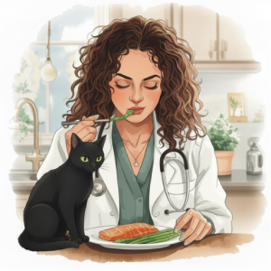 Woman eating salmon next to black cat